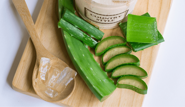 aloe vera ou babosa cortadinha em uma tábua de madeira. A aloe vera, ou babosa, é frequente ingrediente em produtos para crescer cabelo